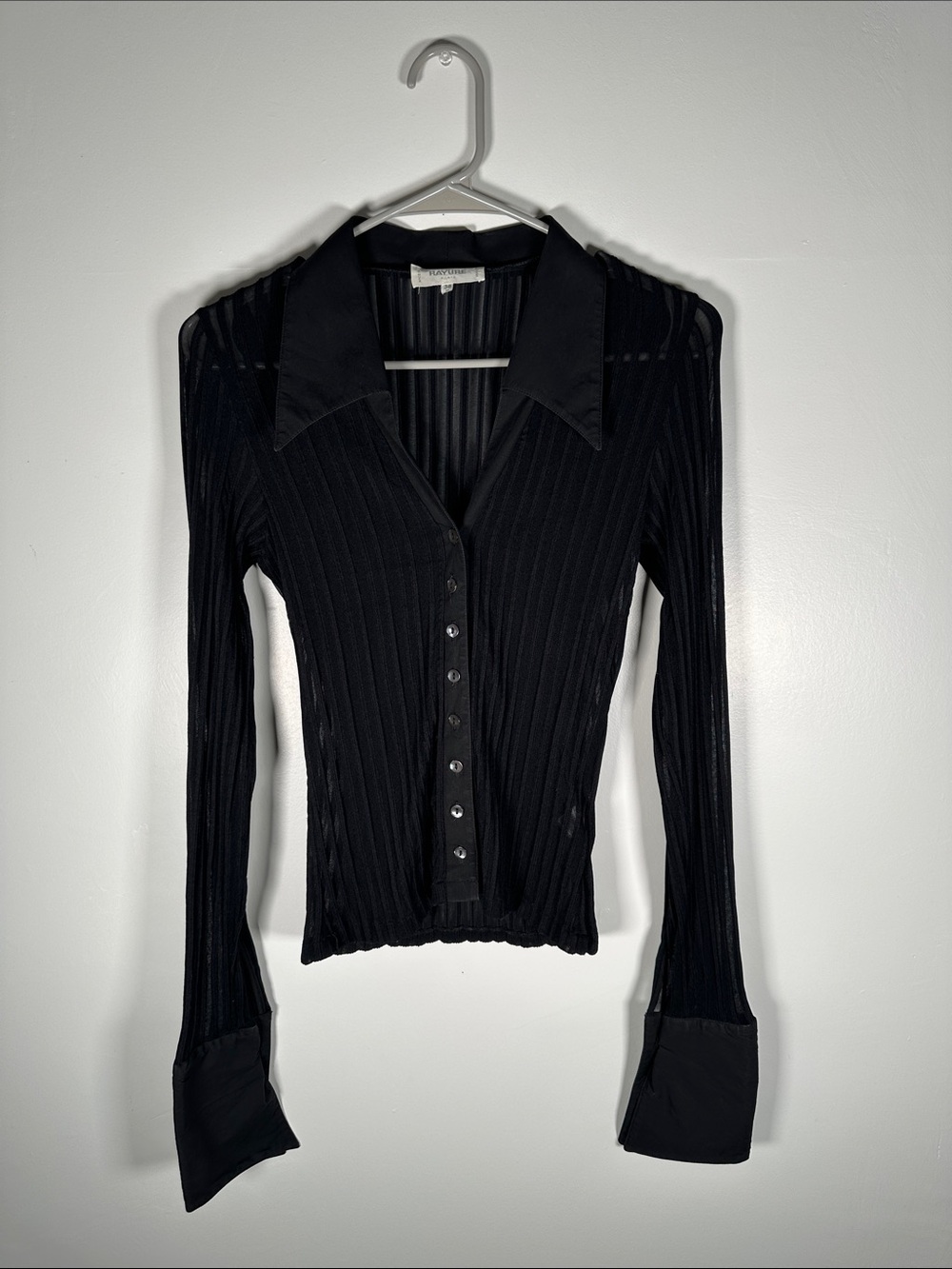 Rayure Paris Vintage 90s Sheer Ribbed Top Y2K Size Small Button Front Collared